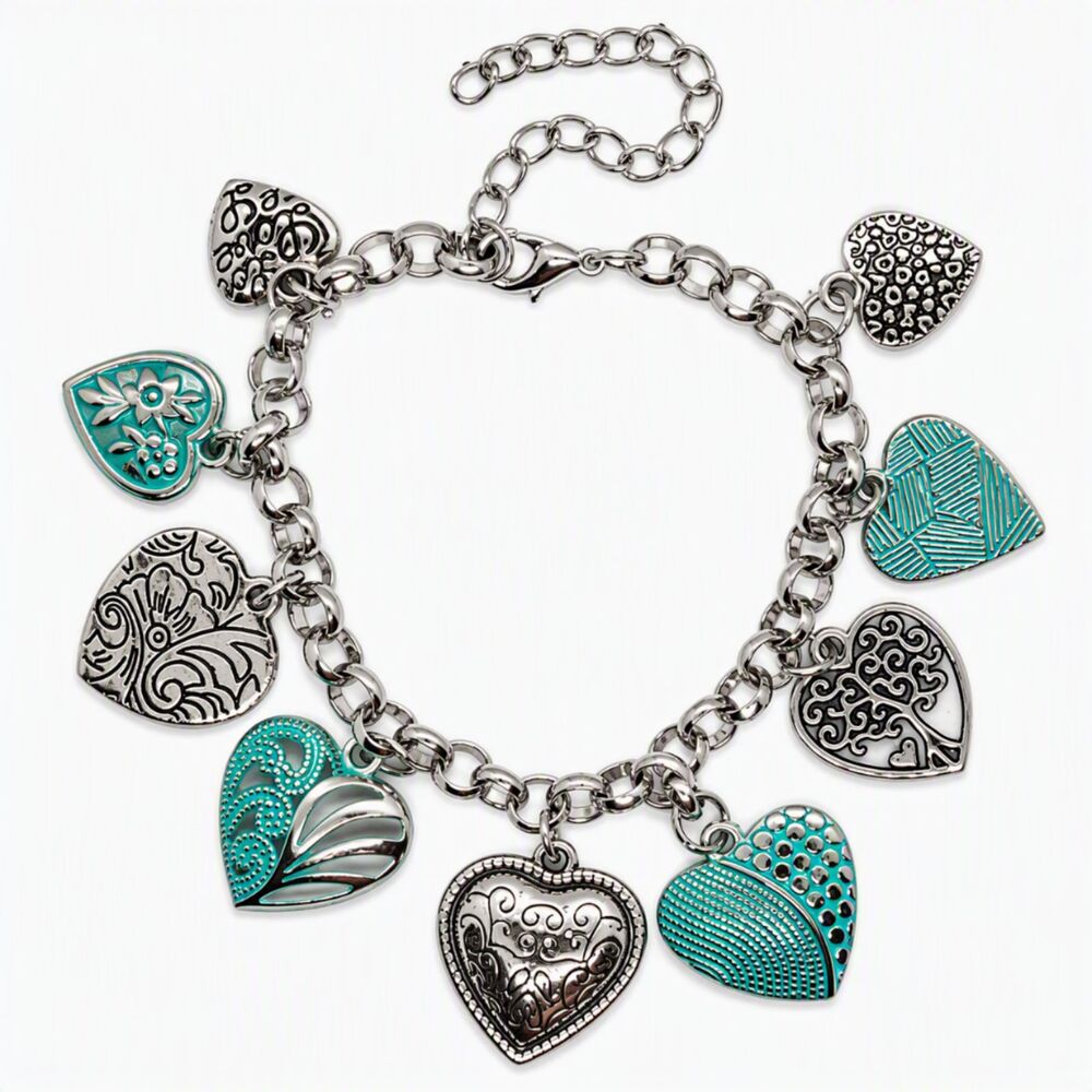Paparazzi Silver Tone Teal Ornate Heart Bracelet Love Tree of Life 7" - 9.5"